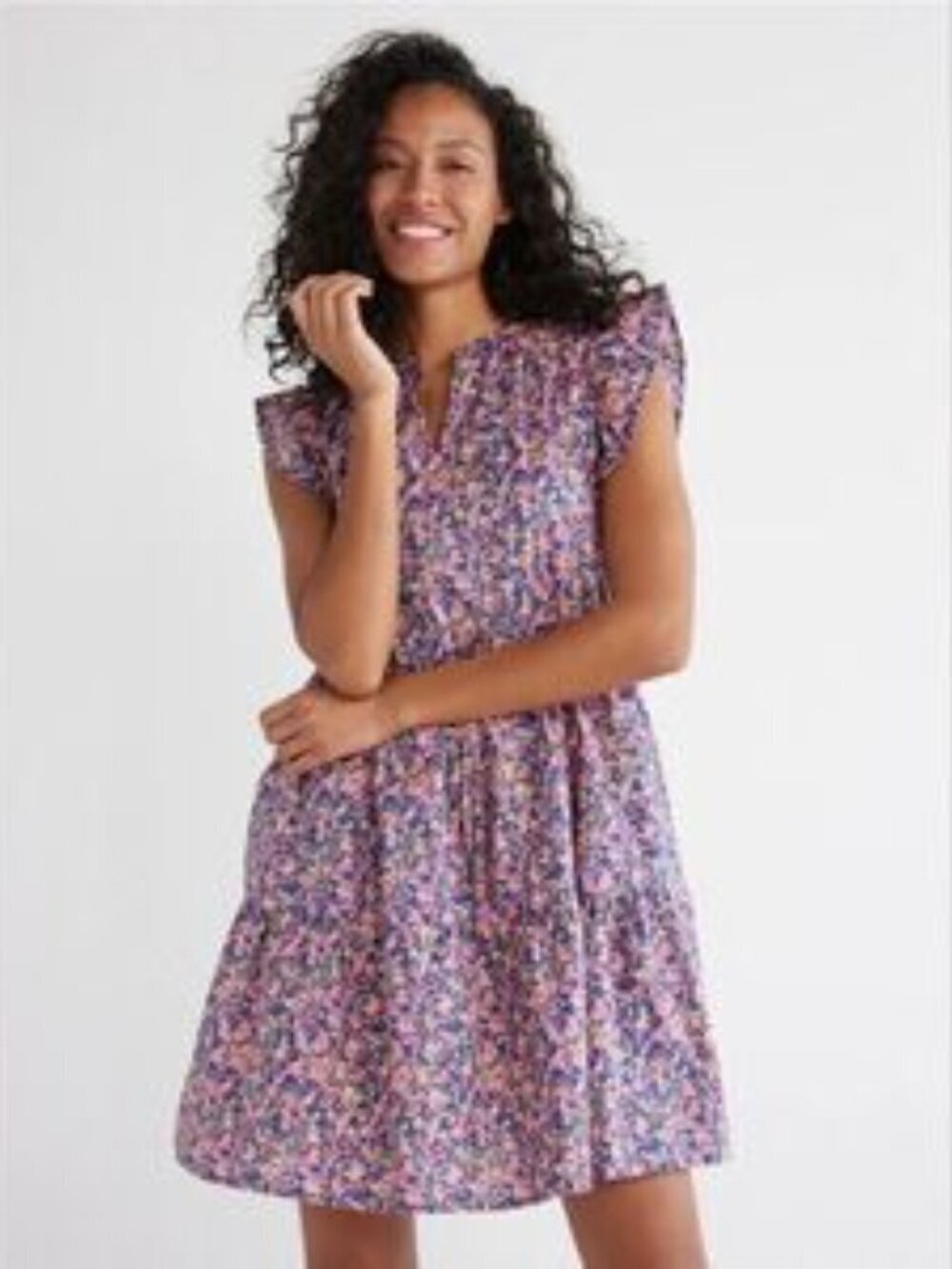 EMMA & MICHELE Floral Babydoll Dress Pink Orange Blue Tiered Cap Sleeves S